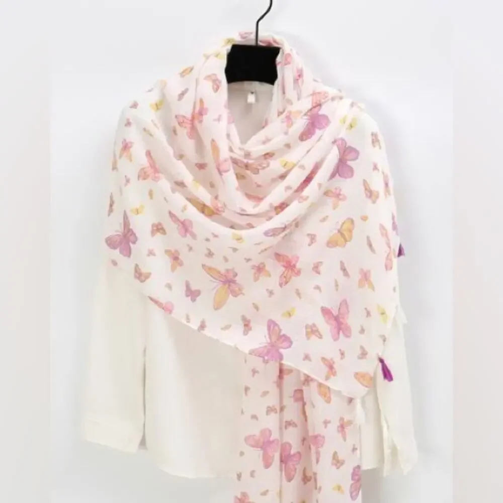 NEW Boho Butterfly Design Tasseled Rectangle Soft Chic Scarf Large Cream Pink